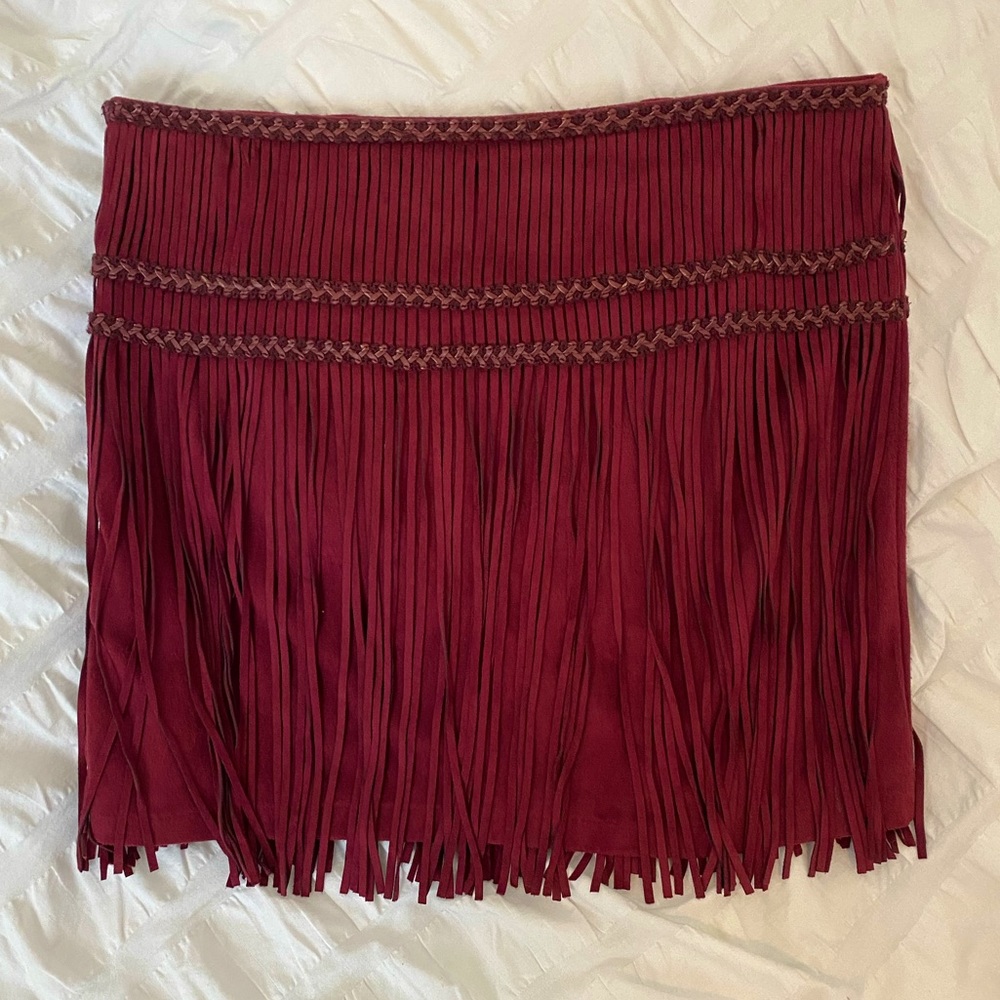 Boutique, red fringe mini skirt. Size M.